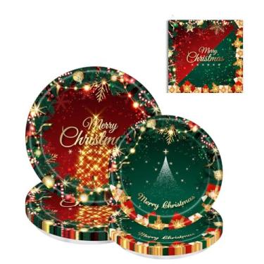 Imagem de Conjunto de pratos de papel de Natal descartáveis, pratos de jantar com sino de árvore de Natal, prato de sobremesa para artigos de mesa de Natal (verde)