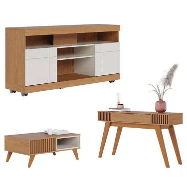 Imagem de Rack Bancada Yara Com Mesa De Centro Jeri Freijó Off White E Aparador Riviera Freijó - Colibri