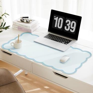 Imagem de Tapete de mesa recortado, 80 cm x 40 cm, acessórios de mesa estéticos azuis fofos, de couro sintético, para laptop, mouse e teclado, tapete de maquiagem para penteadeira/trabalho/decoração de casa