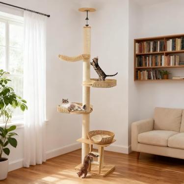 Imagem de Árvore para gatos do chão ao teto com postes para arranhar, altura ajustável (197 a 264 cm), torre alta de canto para gatos com condomínios e escadas, grande torre resistente para gatos em ambientes