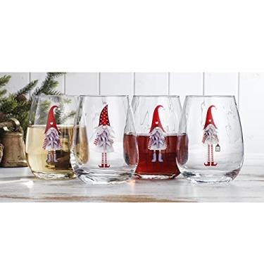 Imagem de Elegante conjunto de quatro (4) taça de vinho transparente de Natal com gnomos festivos de 590 ml para vinho tinto ou branco