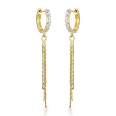 Imagem de Brincos De Argola Com Franja Elegantes Banhados A Ouro 18k Com Zircônias Cristais Banhado A Prata