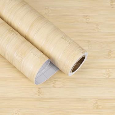 Imagem de EaseStick Papel de contato de madeira de bambu, papel de parede de madeira leve para armários, bancadas, adesivo à prova d'água, papel de parede de madeira bege, papel de parede listrado para banheiro