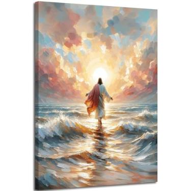 Imagem de Jesus Walking on Water Canvas Wall Art Jesus Back Waters Reflection Sunset Glow Pink Gold Tones Wall Decor Pictures Christian Bible Stories Poster Prints for Living Church Home Decoration 30 x 40 cm