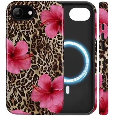 Imagem de Amzfield Capa magnética para iPhone 16e - estampa de leopardo e flor de hibisco, compatível com MagSafe, capa de telefone híbrida bonita estética resistente à prova de choque para mulheres e homens
