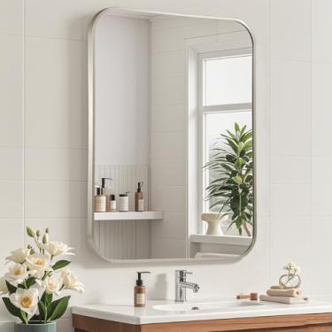 Imagem de JENBELY Espelho de níquel escovado, espelho retangular de banheiro de 61 x 91 cm, espelho retangular de canto com moldura de metal, espelho montado na parede para moderno, sala de estar, quarto