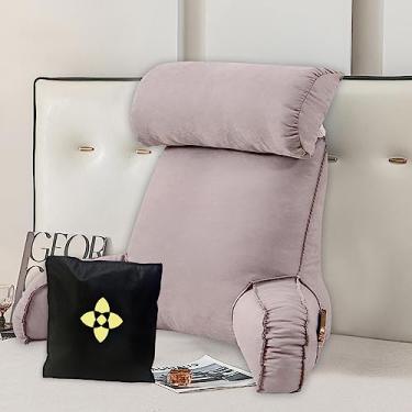 Imagem de HMBLAW Travesseiro de leitura extra grande para braço, costas, encosto com apoio de braço, almofada de suporte de madeira com capa e bolsos removíveis, travesseiro de suporte para as costas para
