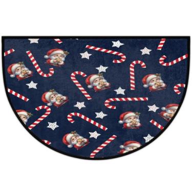Imagem de Tapete de porta meio redondo, azul, bengala doce, Papai Noel, antiderrapante, absorvente, semicírculo, tapetes laváveis, meia lua, tapetes para interior, pátio, cozinha, banheiro, entrada, lareira