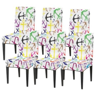 Imagem de hongjinglin Conjunto de 6 capas elásticas para cadeira de sala de jantar, capa protetora de assento de cadeira, âncora, divertida, removível, lavável, para cozinha, casa, hotel, banquete, festa de