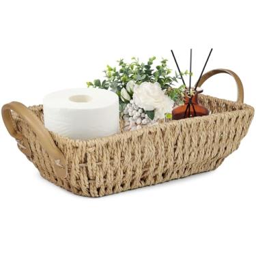 Imagem de Cesta de papel higiênico com corda de papel, pequenas cestas de armazenamento de vime para organizar com alças, cestas de decoração de quarto, cesto de armazenamento de vaso sanitário, 1 peça natural