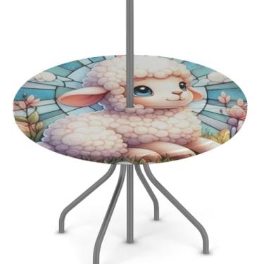 Imagem de hongjinglin Toalha de mesa de Páscoa para uso ao ar livre com orifício para guarda-chuva, toalha de mesa redonda elástica com zíper, impermeável, limpável, para piquenique, festa, pátio, serve para