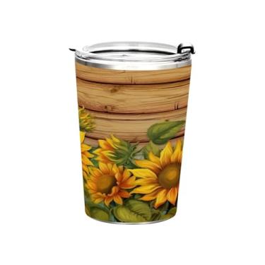 Imagem de Blueangle Copo de 340 g com tampa e canudo, copo térmico de aço inoxidável com isolamento a vácuo, girassóis em placa de madeira, caneca térmica para bebidas quentes e frias (132)