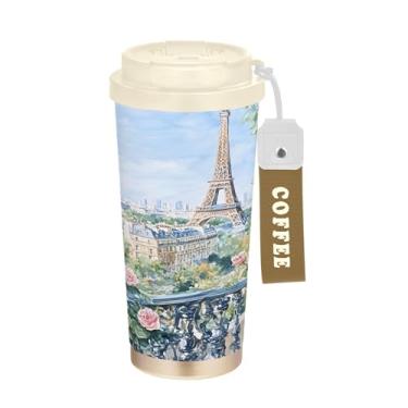 Imagem de SEHANY Caneca de viagem Torre de Paris em aquarela de 500 ml Copos de café reutilizáveis revestidos de cerâmica com tampa à prova de vazamento, parede dupla, isolamento a vácuo, copo de café de aço