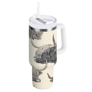 Imagem de xigua Copo Highland Cow de 850 g com tampa e canudo, aço inoxidável de vácuo duplo isolado garrafa de água esportiva suporte para copo de café de viagem à prova de vazamento para bebida gelada, gado
