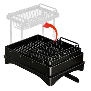 Imagem de Escorredor de Louças Dobrável, Secador de Pratos com Cano de Drenagem Automática, Preto em Aço Carbono Inoxidável, Compacto para Gurdar, Gigante para Usar.
