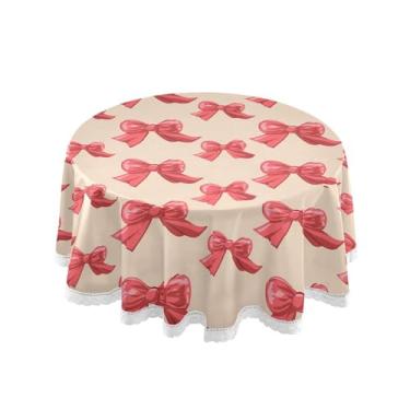 Imagem de SEHANY Toalha de mesa redonda com laço rosa de 152 cm, tecido lavável sem rugas, toalha de mesa decorativa de renda para restaurante, casamento, acampamento, festa de cinco de maio