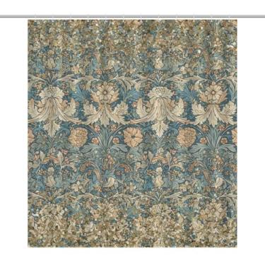 Imagem de William Morris Cortina de chuveiro, retrô, rural, linda, verde-escuro, dourado, com glitter, estampa de flores étnicas exóticas, decoração de casa, tecido impermeável, conjunto com 12 ganchos de