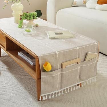 Imagem de Wuluwala Toalha de mesa xadrez marrom bordada com bolsos e borlas retangular de algodão e linho para sala de estar, festa, decoração de casa 61 cm x 182 cm