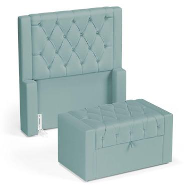 Imagem de Cabeceira E Calçadeira Báu Solteiro Atena 90cm Capitonê Veludo Acqua - Desk Design