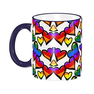Imagem de Ourdovi Caneca de café expresso de cerâmica com corações de orgulho gay colorido arco-íris, caneca de cerâmica revestida DIY, para café, sopa, chá, leite, latte, cacau quente, colorido divertido 350