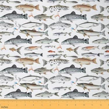 Imagem de jejeloiu Tecido de peixe vintage da The Yard 1 jarda Tecido de estofamento de pesca e caça para cadeiras adolescentes criaturas marinhas animais subaquáticos para projetos de bricolage em casa