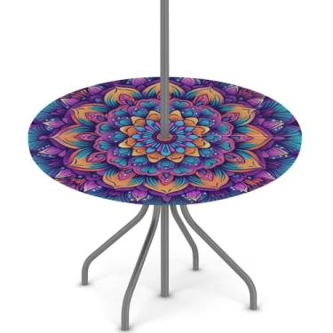 Imagem de Toalha de mesa para uso ao ar livre com orifício para guarda-chuva, toalha de mesa redonda boho mandala com zíper oculto, capa de mesa de piquenique elástica primavera verão capa de mesa de