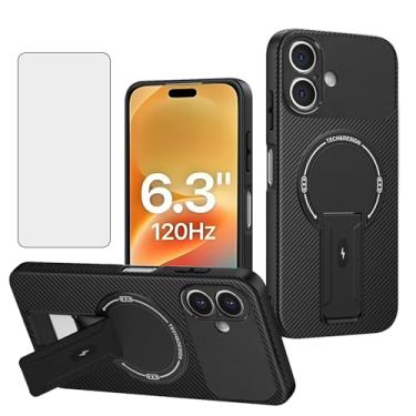 Imagem de Asuwish Capa de telefone para iPhone 17 6,3 polegadas capa de fibra de carbono magnética com protetor de tela de vidro temperado e suporte protetor fino acessórios para celular macio i Phone17 i17 17