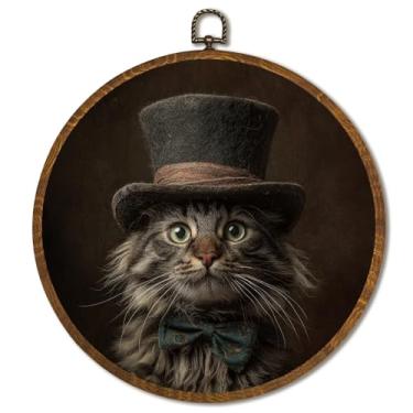 Imagem de Decoração de arte de parede redonda vintage 25 x 25 cm, arte de parede de urso marrom emoldurado, decoração de arte de animal com retrato vitoriano para casa de fazenda, quarto, sala de estar (gato)