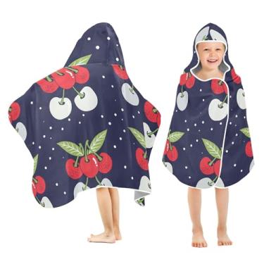 Imagem de Burbuja Cerejas em azul escuro toalha de banho com capuz para crianças, toalha de praia de pelúcia macia absorvente para meninas e meninos 3-10 anos, 61 x 127 cm