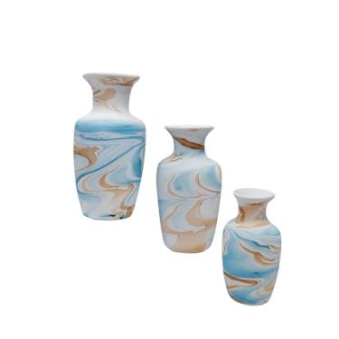 Imagem de Conjunto 3 Peças Kit Enfeite Cerâmica Vasos Sala Completo Decorativas Trio Rack Centro Mesa Colorido(MESCLADO AZUL JAD)