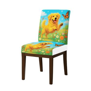 Imagem de HOMETITUTE Capas de cadeira de alta elasticidade para cadeiras de jantar, laváveis, conjunto de 4 capas de assento de cozinha macias Joyful Golden Retriever para casa, hotel, restaurante, banquete