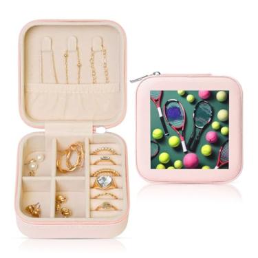 Imagem de Raquetes de tênis engraçadas e bolas de tênis, caixa de joias quadrada, estojo de armazenamento portátil para anéis femininos, brincos, colares