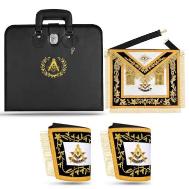 Imagem de Ibiisu Conjunto premium maçônico bordado à mão Mason Regalia – Avental mestre passado com trabalho de lingote dourado, punhos bordados à mão e estojo de transporte protetor – artesanato de veludo e