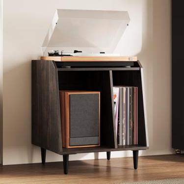 Imagem de Rresyet Suporte para toca-discos com armazenamento de vinil, suporte para discos de vinil com prateleiras divididas ajustáveis, pernas de metal para sala de música e sala de estar