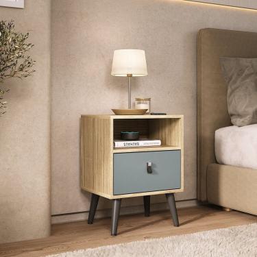 Imagem de Mesa de Cabeceira com Gaveta e Pés Palito Amendoa / Acqua