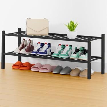 Imagem de Smiry Sapateira, organizador de sapatos de bambu longo de 2 camadas de espessura, prateleira empilhável de madeira para armário, entrada, entrada da porta da frente, preto