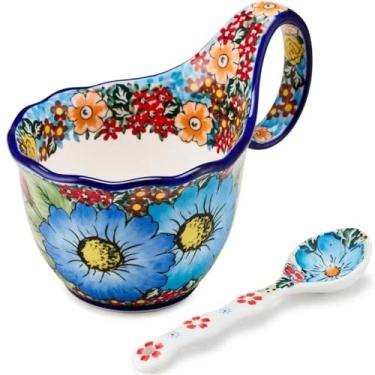 Imagem de Cteaffee Copo de sopa de cerâmica e tigela de sopa com alças - 510 g com colher, tigela de porcelana grande decorativa pintada à mão, para sopa, sorvete, ensopado, micro-ondas e lava-louças (girassol
