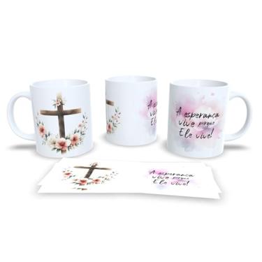 Imagem de Caneca com Arte em Aquarela, Paisagem Natural ao Pôr do Sol, Cerâmica Branca com Frase 'Ele Ressuscitou, Assim Como Disse', Design Inspirador (17262)