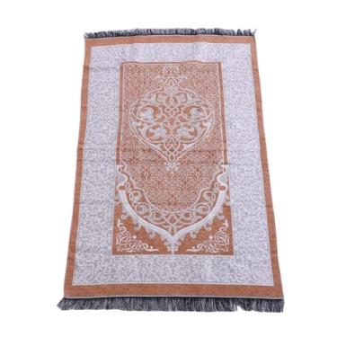 Imagem de GLOGLOW Tapete de Oração de Veludo Macio, Janamaz Sajada Islâmico Tradicional Com Borla de Pano de Algodão, Tapete de Oração Muçulmano Dobrável Portátil para Homens, Mulheres e Crianças (Cor Café)