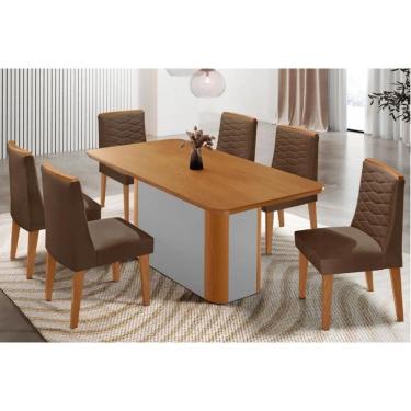 Imagem de Sala Jantar Mesa Pietá Tampo Curvo 180cm+6 Cadeiras Maldivas Madeira Naturale/Off White - Capuccino/Suede Marrom - Rufato