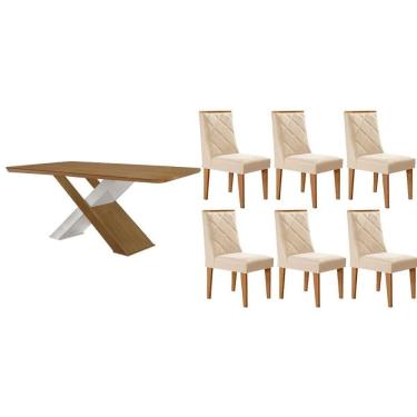 Imagem de Sala Jantar Mesa Imperatriz Tampo Curvo 180cm+6 Cadeiras Pietá Madeira Naturale/Off White - Capuccino/Suede Creme - Rufato