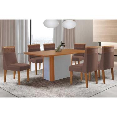 Imagem de Sala Jantar Mesa Pietá Tampo Curvo 180cm+6 Cadeiras Jaspe Madeira Naturale/Off White - Capuccino/Suede Marrom - Rufato
