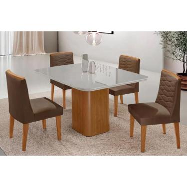 Imagem de Sala Jantar Mesa Maldivas Tampo c/ Vidro Curvo 90cm+4 Cadeiras Maldivas Madeira Naturale/Off White - Capuccino/Suede Marrom - Rufato