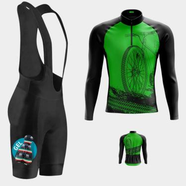 Imagem de Conjunto de Ciclismo Masculino Camisa Bike Verde PRO Manga Longa Bolso Traseiro e Bretelle Gel-Masculino