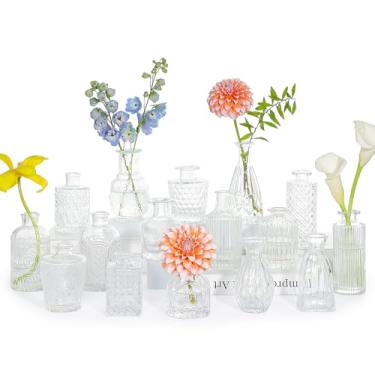 Imagem de SUPMIND Conjunto de vasos de vidro com 16 peças, pequenos vasos de flores transparentes para centros de mesa a granel, mini vaso vintage para casamento, casa, decoração de mesa