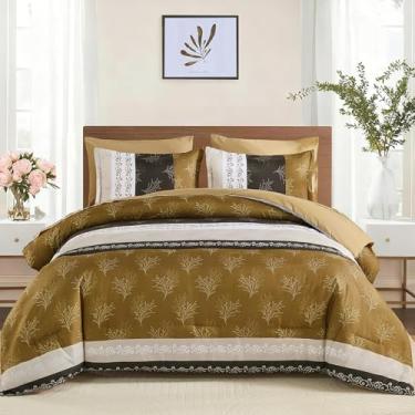 Imagem de DJY Conjunto de edredom boêmio, cama em um saco, 7 peças, listrado marrom, conjunto de cama reversível de microfibra macia para todas as estações (224 x 234 cm)