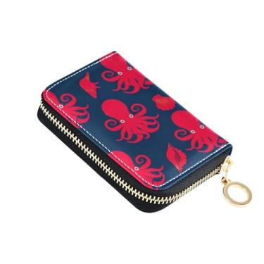 Imagem de Carteira feminina com zíper e bloqueio de RFID, porta-cartões de crédito, pequena bolsa de troca com chaveiro, concha de polvo vermelha, azul marinho