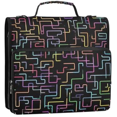 Imagem de Organizador de fichário com zíper, colorido, preto neon, 3 anéis, 3 anéis, fichários de viagem com alça, pasta de armazenamento de bolsa de ensino médio com alça, 34,5 x 31,5 x 9 cm