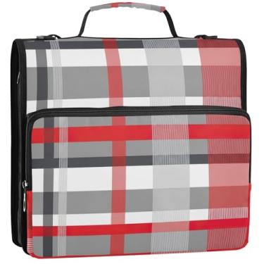 Imagem de Organizador de fichário fofo com zíper 3 fichários de 3 anéis, estojo de armazenamento listrado cinza xadrez resistente com alça e bolsa de ensino médio, 34,5 x 31,5 x 9 cm