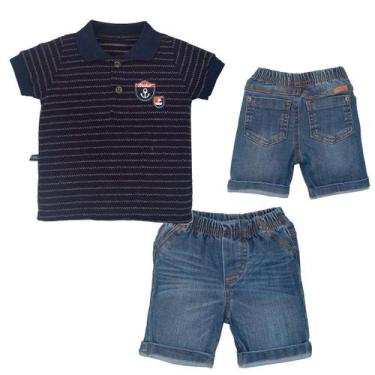 Imagem de Conjunto Camisa Short Bebê Menino Jeans Listrado Upi Uli, P